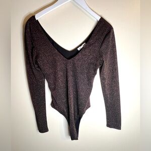 Socialite V-Neck Long Sleeve Sparkly Bodysuit - Black/Bronze